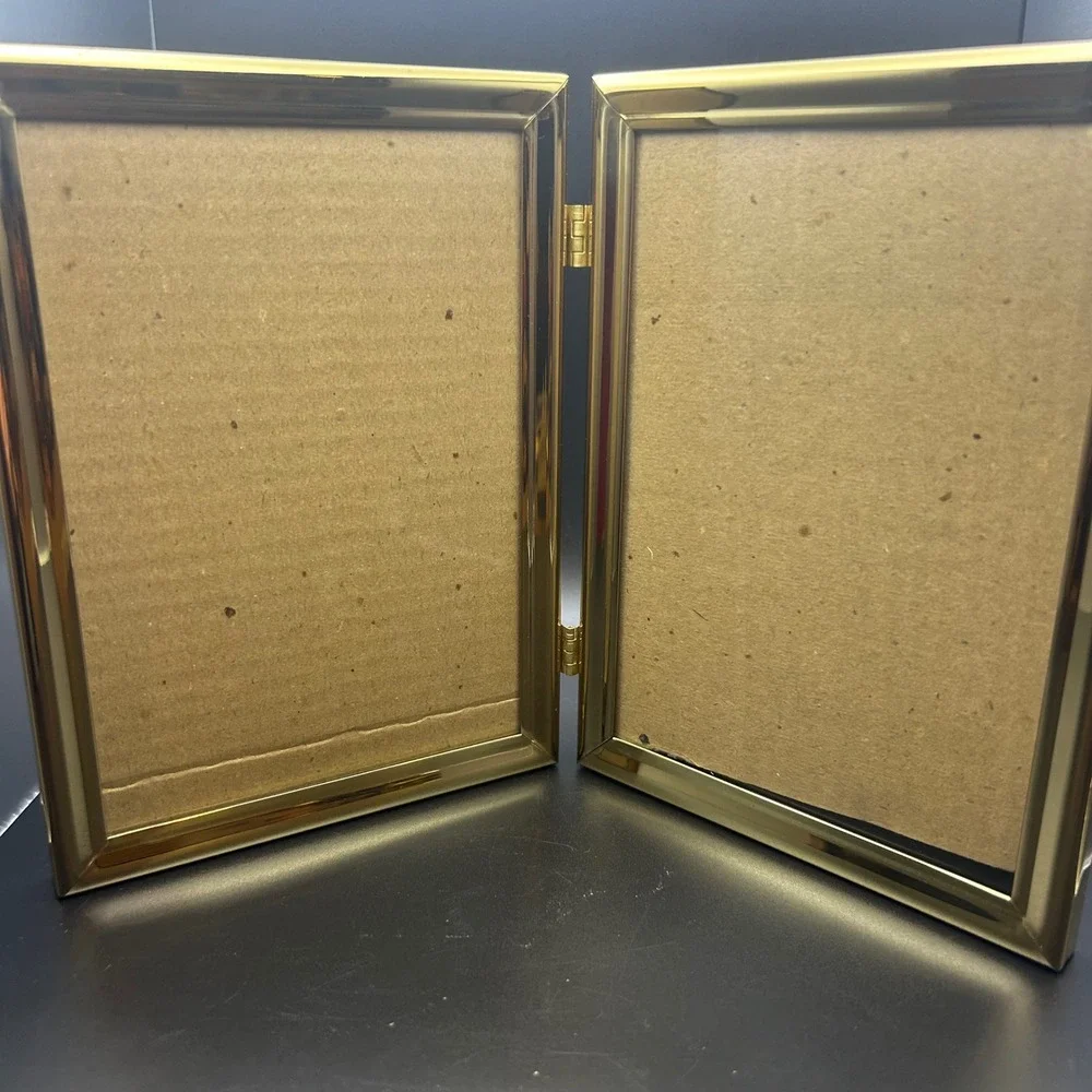 Vintage Gold Metal Double Folding Picture Frame 5x7 Bifold Tabletop